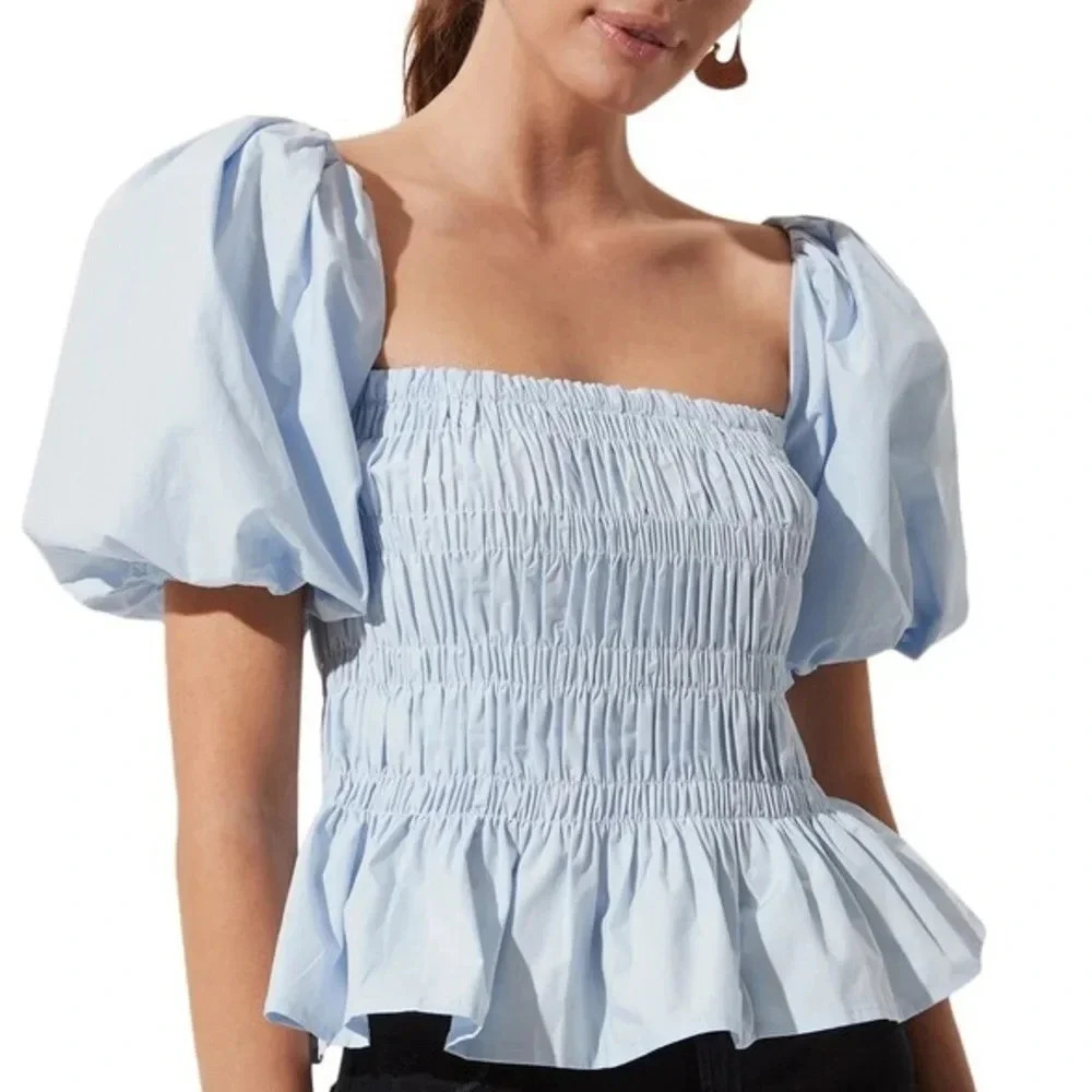 ASTR The Label Savina Square Neck Bubble Sleeves Smocked Blouse Top puff light